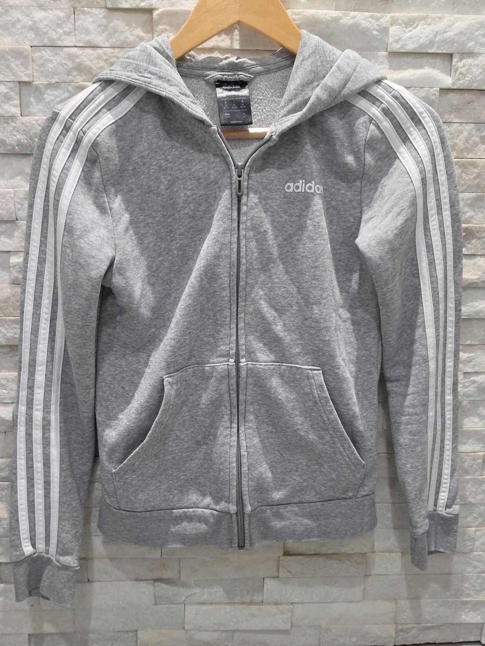 adidas Light Gray Hooded Full-Zip Sweatshirt with Three Stripes